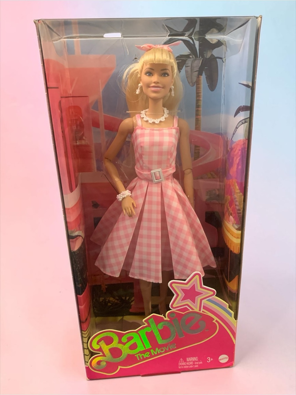 New Barbie The Movie Pink Gingham Dress Doll